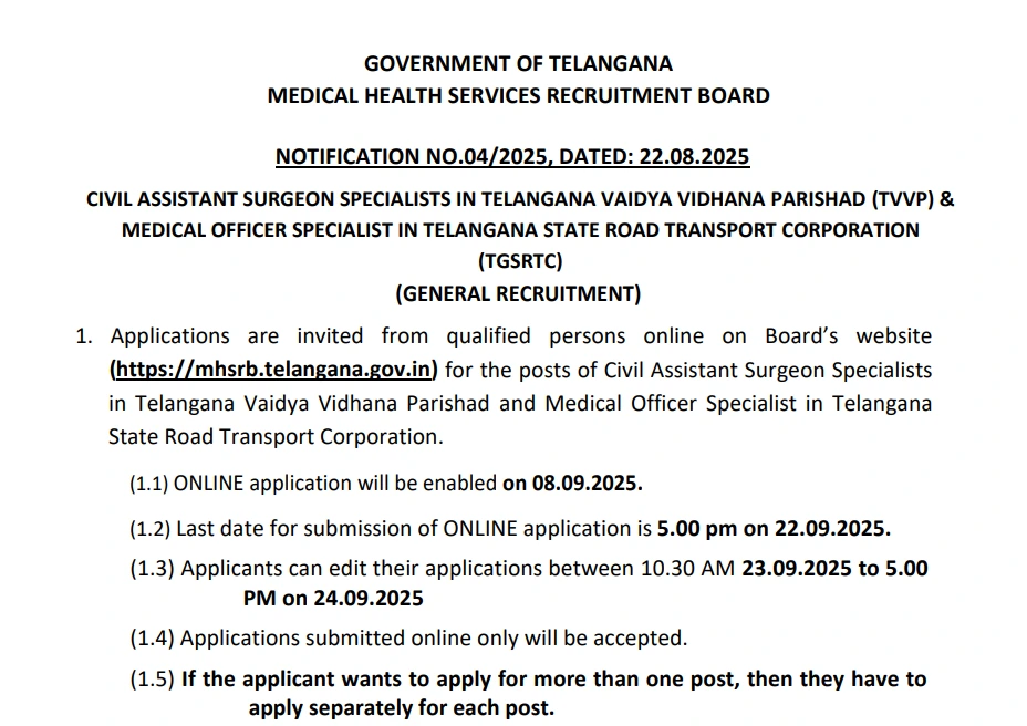 MHSRB Telangana Notification 2025