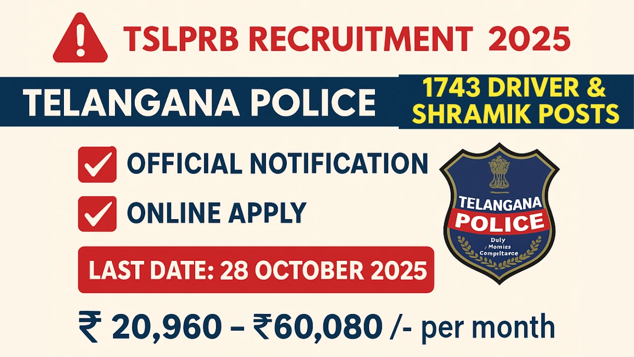 Telangana Police TSLPRB Recruitment 2025 - Apply Online for 1743 Driver, Shramiks Posts by Oct 28
